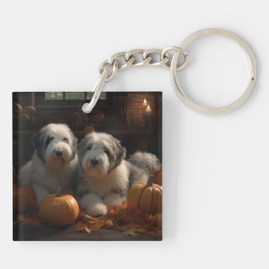 Oud Engels Sheepdog Puppy Herfst Delight Pompoen Sleutelhanger (Achterkant)