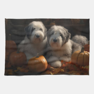 Oud Engels Sheepdog Puppy Herfst Delight Pompoen Theedoek