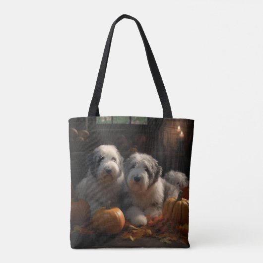 Oud Engels Sheepdog Puppy Herfst Delight Pompoen Tote Bag (Achterkant)