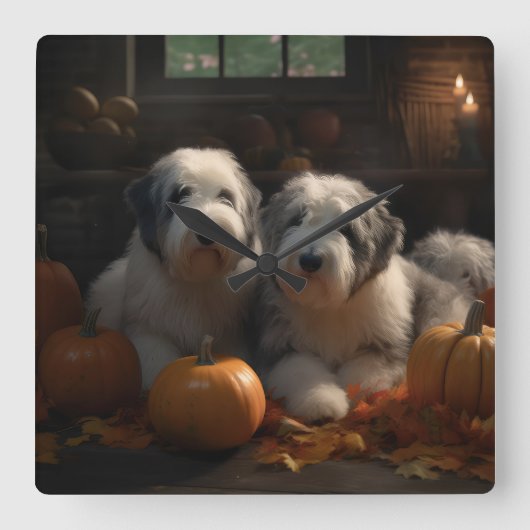 Oud Engels Sheepdog Puppy Herfst Delight Pompoen Vierkante Klok (Voorkant)