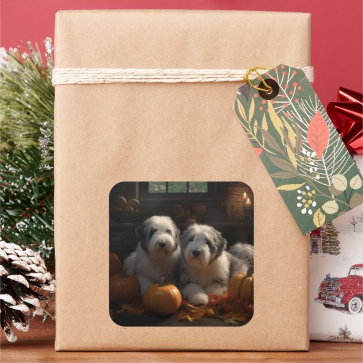Oud Engels Sheepdog Puppy Herfst Delight Pompoen Vierkante Sticker (Feestdagen)