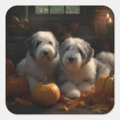 Oud Engels Sheepdog Puppy Herfst Delight Pompoen Vierkante Sticker (Voorkant)