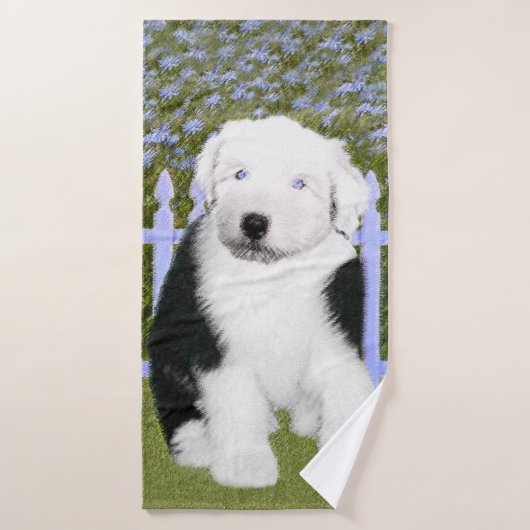 Oud Engels Sheepdog Puppy Painting - Dog Art Bad Handdoek (Badhanddoek)
