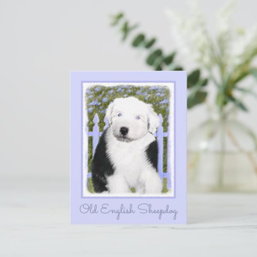 Oud Engels Sheepdog Puppy Painting - Dog Art Briefkaart (Staand voorkant)