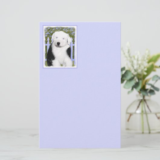 Oud Engels Sheepdog Puppy Painting - Dog Art Briefpapier (Staand voorkant)