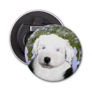 Oud Engels Sheepdog Puppy Painting - Dog Art Button Flesopener