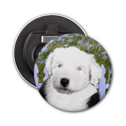 Oud Engels Sheepdog Puppy Painting - Dog Art Button Flesopener (Voorkant)