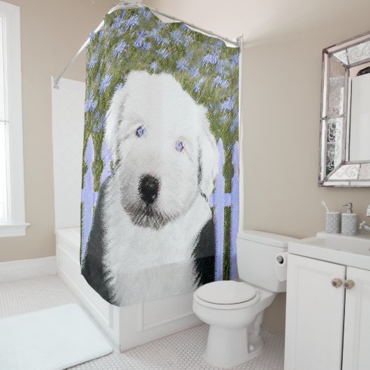 Oud Engels Sheepdog Puppy Painting - Dog Art Douchegordijn (In situ)