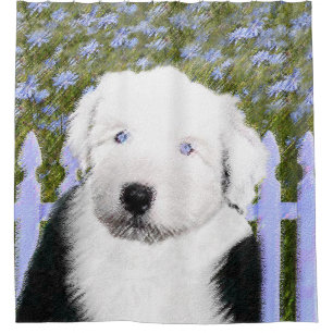 Oud Engels Sheepdog Puppy Painting - Dog Art Douchegordijn