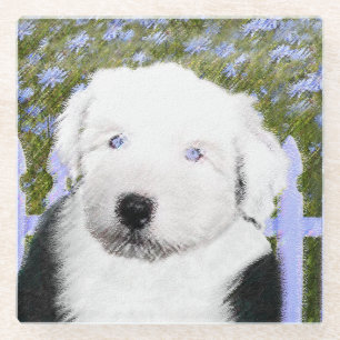 Oud Engels Sheepdog Puppy Painting - Dog Art Glazen Onderzetter