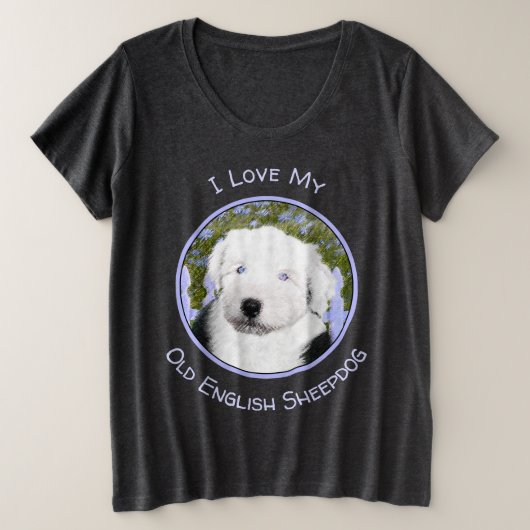Oud Engels Sheepdog Puppy Painting - Dog Art Grote Maat T-shirt (Design voorkant)