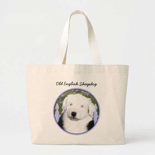 Oud Engels Sheepdog Puppy Painting - Dog Art Grote Tote Bag (Voorkant)