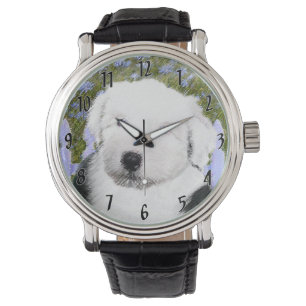 Oud Engels Sheepdog Puppy Painting - Dog Art Horloge
