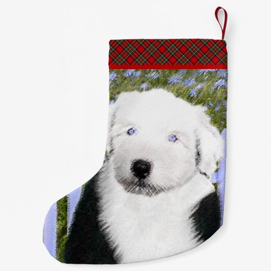 Oud Engels Sheepdog Puppy Painting - Dog Art Kleine Kerstsok (Achterkant)