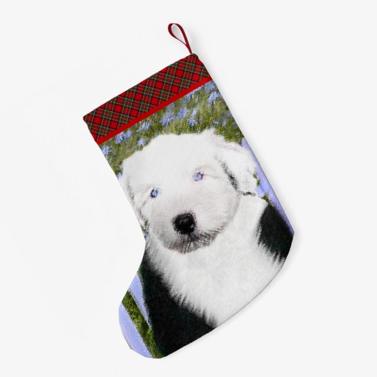 Oud Engels Sheepdog Puppy Painting - Dog Art Kleine Kerstsok (Achterkant (Hangend))