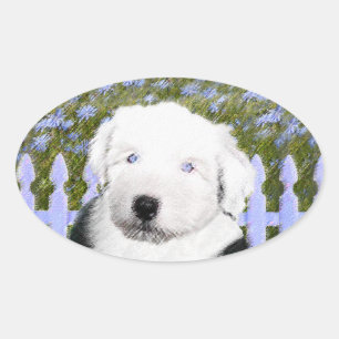 Oud Engels Sheepdog Puppy Painting - Dog Art Ovale Sticker