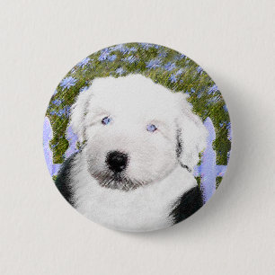 Oud Engels Sheepdog Puppy Painting - Dog Art Ronde Button 5,7 Cm