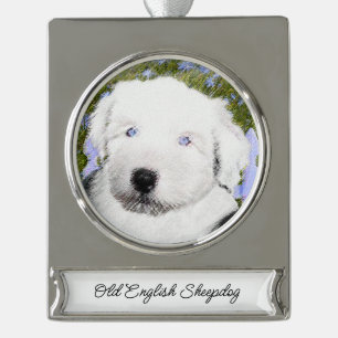 Oud Engels Sheepdog Puppy Painting - Dog Art Silv Verzilverd Banner Ornament