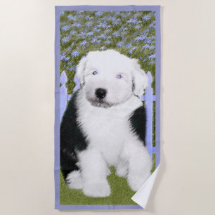 Oud Engels Sheepdog Puppy Painting - Dog Art Strandlaken