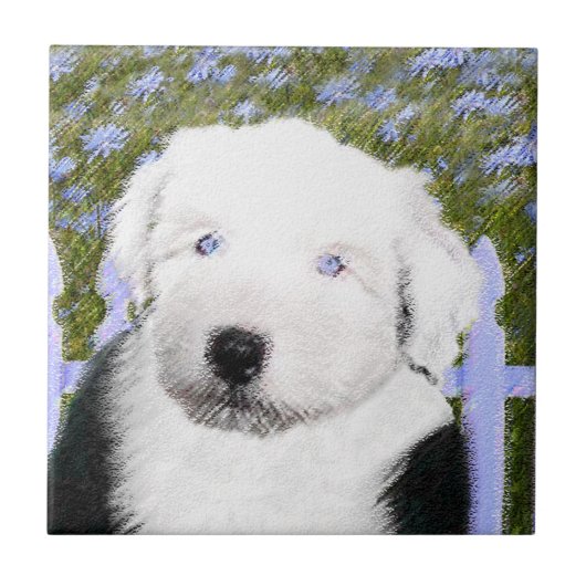 Oud Engels Sheepdog Puppy Painting - Dog Art Tegeltje (Voorkant)