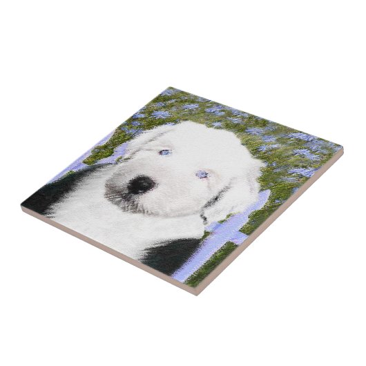 Oud Engels Sheepdog Puppy Painting - Dog Art Tegeltje (Zijkant)