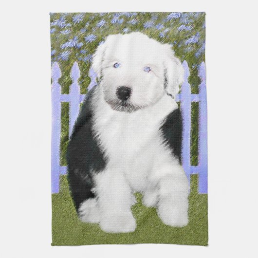 Oud Engels Sheepdog Puppy Painting - Dog Art Theedoek (Verticaal)