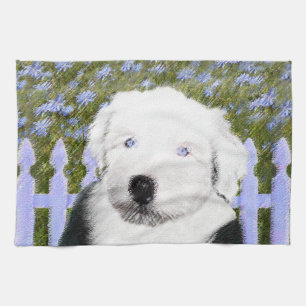 Oud Engels Sheepdog Puppy Painting - Dog Art Theedoek