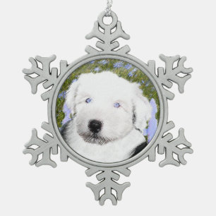 Oud Engels Sheepdog Puppy Painting - Dog Art Tin Sneeuwvlok Ornament