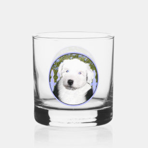 Oud Engels Sheepdog Puppy Painting - Dog Art Whisky Glas