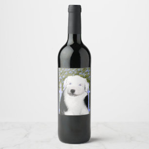 Oud Engels Sheepdog Puppy Painting - Dog Art Wijn Etiket