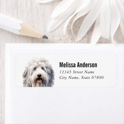 Oud Engels Sheepdog retour adres labels (Insitu)