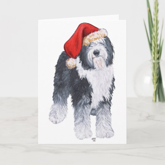 Oud Engels Sheepdog Santa Hat Feestdagen Kaart (Voorkant)