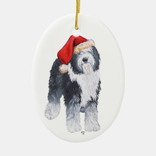 Oud Engels Sheepdog Santa Hat Keramisch Ornament (Voorkant)