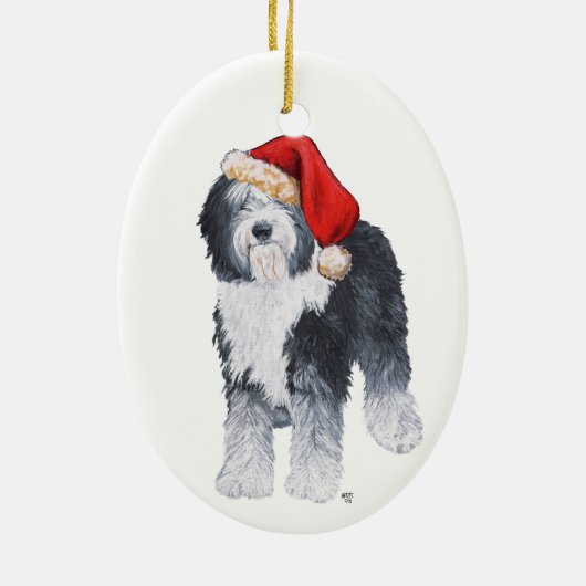 Oud Engels Sheepdog Santa Hat Keramisch Ornament (Achterkant)