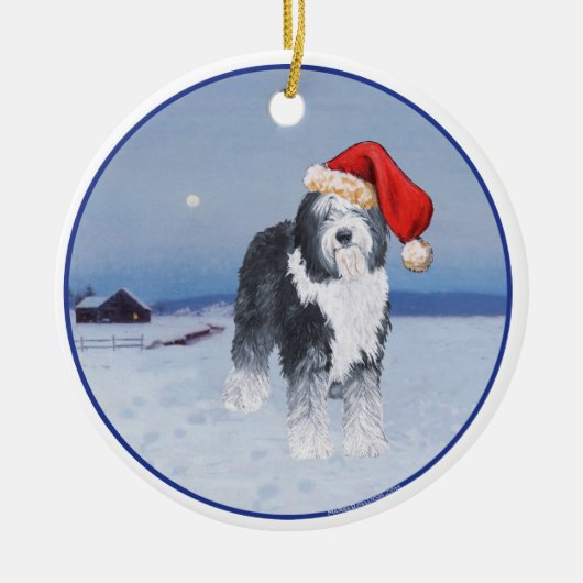 Oud Engels Sheepdog Santa Hat Keramisch Ornament (Voorkant)