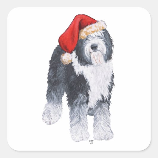 Oud Engels Sheepdog Santa Hat Vierkante Sticker (Voorkant)