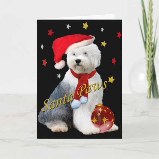 Oud Engels Sheepdog Santa Paws Feestdagen Kaart (Voorkant)