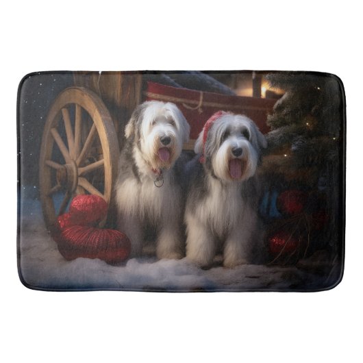 Oud Engels Sheepdog Snowy Sleigh Kerst Decor Badmat (Voorkant)