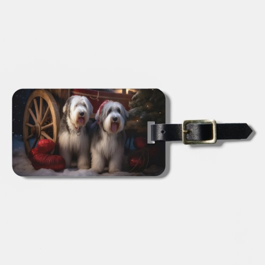 Oud Engels Sheepdog Snowy Sleigh Kerst Decor Bagagelabel (Voorkant horizontaal)