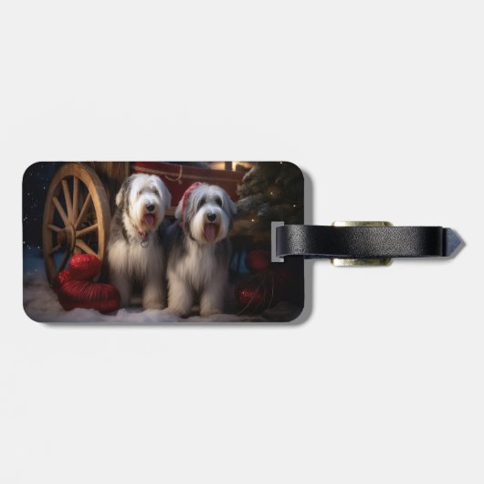 Oud Engels Sheepdog Snowy Sleigh Kerst Decor Bagagelabel (Achterkant horizontaal)