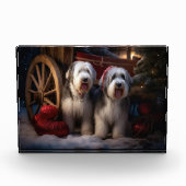 Oud Engels Sheepdog Snowy Sleigh Kerst Decor Fotoblokken (Voorkant)