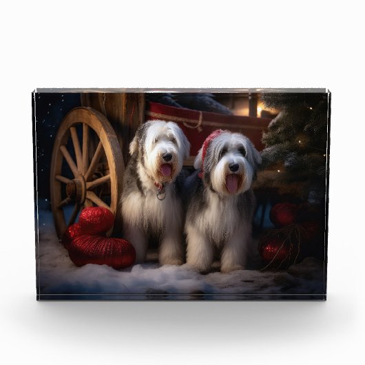 Oud Engels Sheepdog Snowy Sleigh Kerst Decor Fotoblokken (Voorkant)