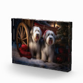 Oud Engels Sheepdog Snowy Sleigh Kerst Decor Fotoblokken (Rechts)