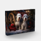 Oud Engels Sheepdog Snowy Sleigh Kerst Decor Fotoblokken (Links)