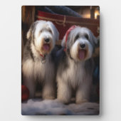 Oud Engels Sheepdog Snowy Sleigh Kerst Decor Fotoplaat (voorkant)