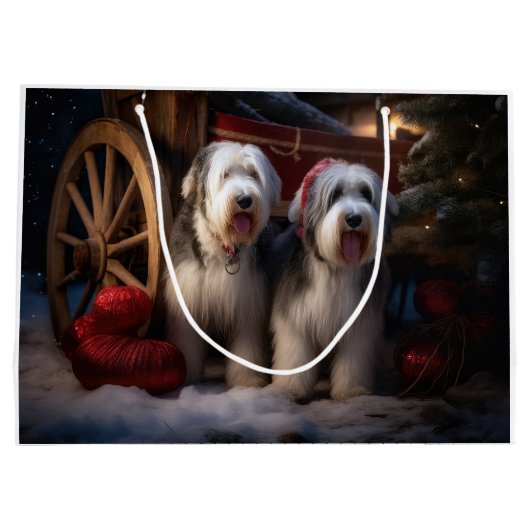 Oud Engels Sheepdog Snowy Sleigh Kerst Decor Groot Cadeauzakje (Achterkant)