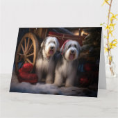 Oud Engels Sheepdog Snowy Sleigh Kerst Decor Kaart (Gele Bloem)