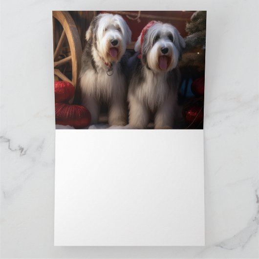 Oud Engels Sheepdog Snowy Sleigh Kerst Decor Kaart (Binnen)