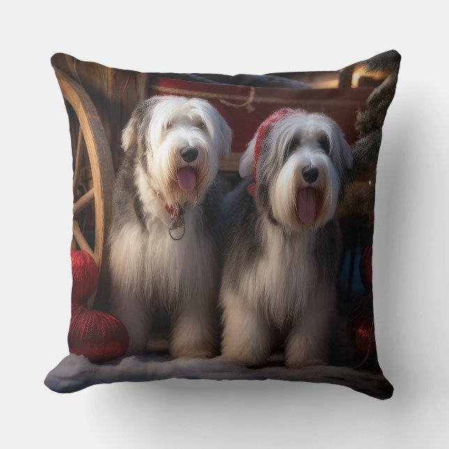 Oud Engels Sheepdog Snowy Sleigh Kerst Decor Kussen (Voorkant)