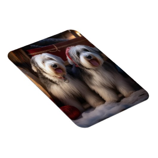 Oud Engels Sheepdog Snowy Sleigh Kerst Decor Magneet (Rechterzijde)